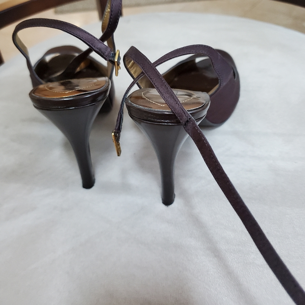 Guess peeptoe satin chocolate brown heels with hidden platform